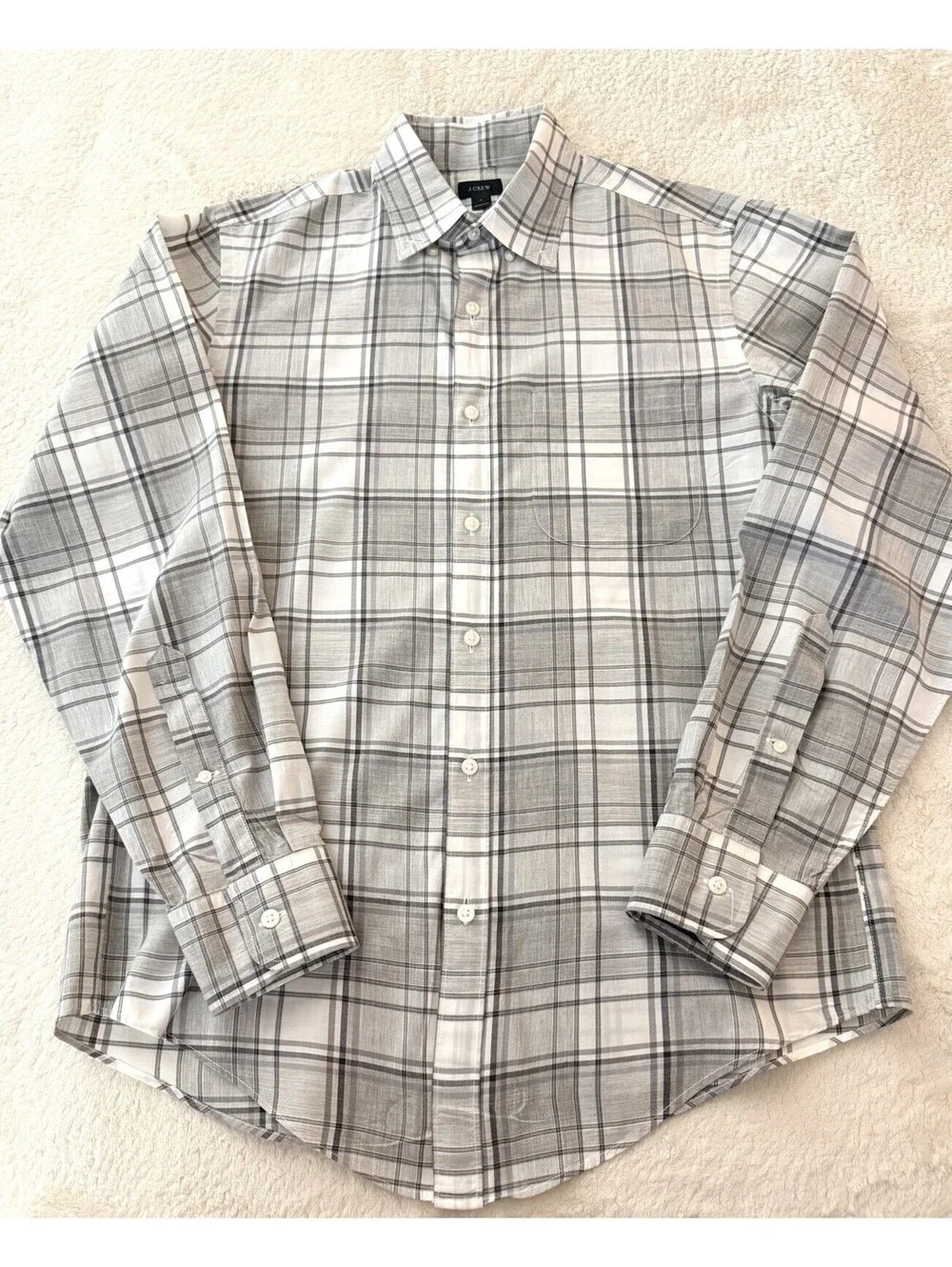 J Crew Mens S Plaid Button Down Shirt Gray White Cotton Long Sleeve Pocket